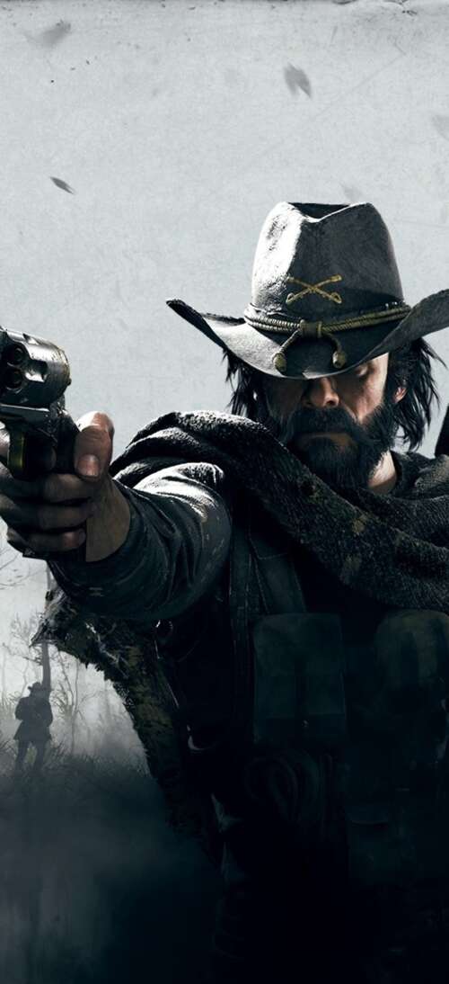 A gritty bounty hunter in period-accurate clothing holding a weapon in a dark, misty... realme neo7 Turbo cell phone backgrounds free