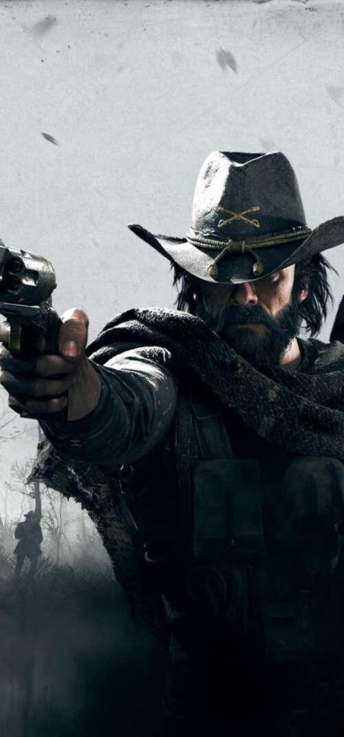 A gritty bounty hunter in period-accurate clothing holding a weapon in a dark, misty... Samsung Galaxy S26 Ultra wallpaper