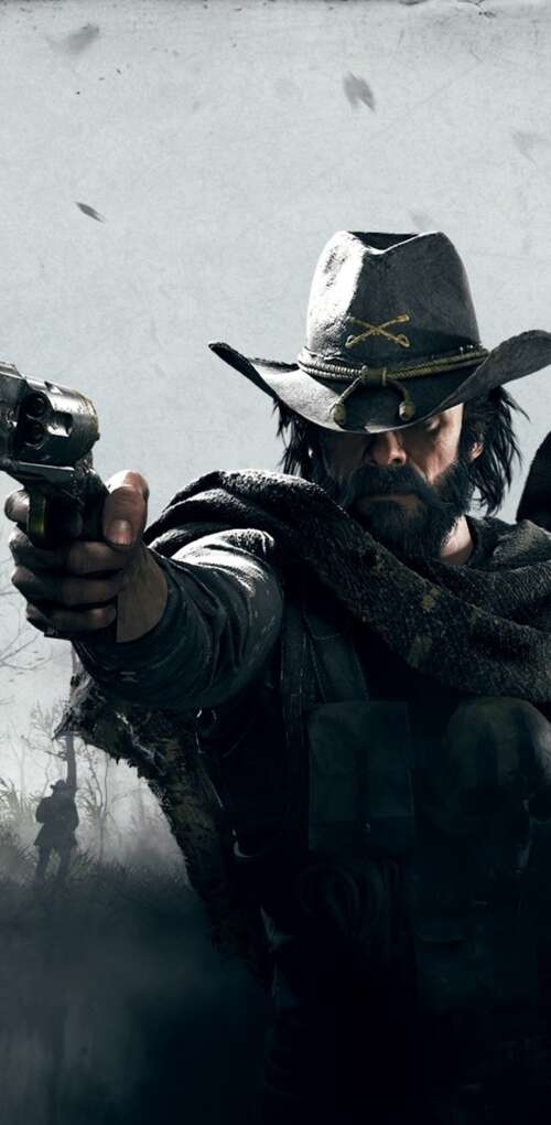 A gritty bounty hunter in period-accurate clothing holding a weapon in a dark, misty... Huawei Mate 30 Pro high definition wallpaper