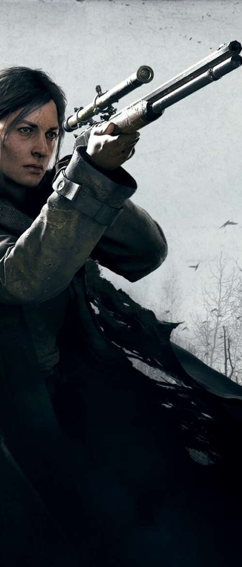 A rugged Hunter from the game Hunt: Showdown standing in a dark, misty swamp environment. Samsung Galaxy Z TriFold hand phone wallpaper