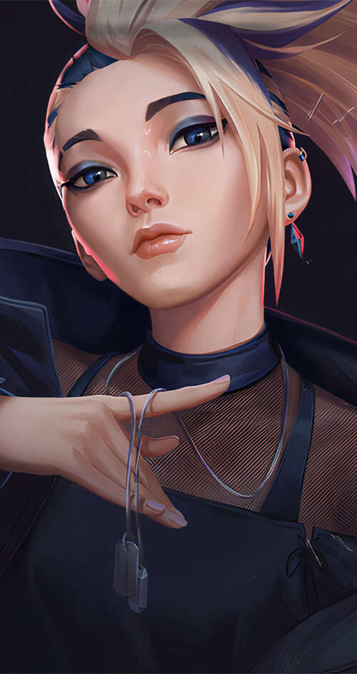 Akali from League of Legends K/DA wearing neon-accented urban streetwear Sharp Aquos C10 free background