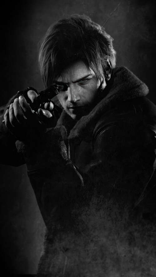 A cinematic portrait of Leon S. Kennedy from Resident Evil against a dark, moody... lava Play Max hd background