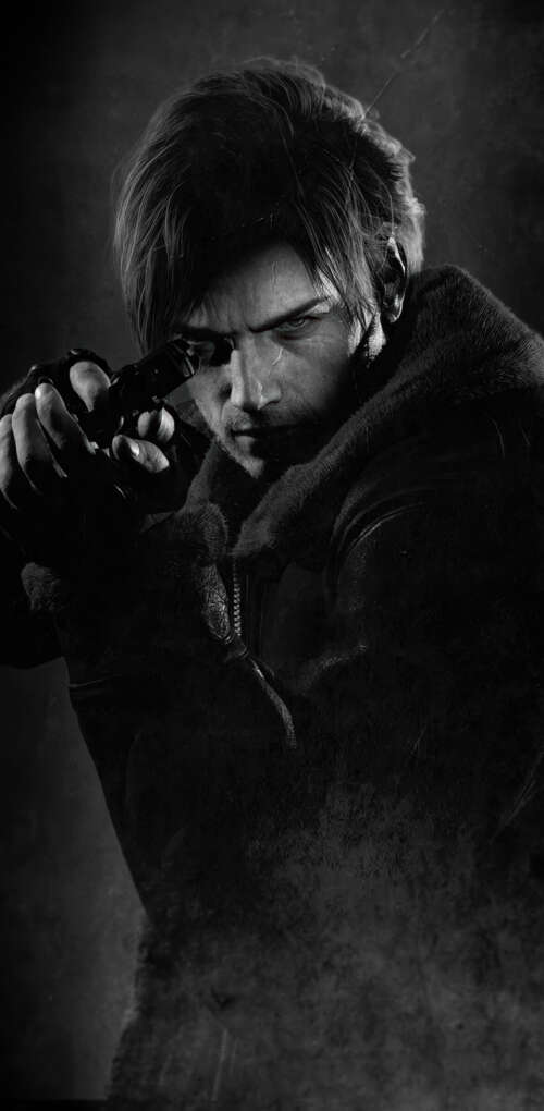 A cinematic portrait of Leon S. Kennedy from Resident Evil against a dark, moody... Huawei Mate 30 Pro hand phone wallpaper