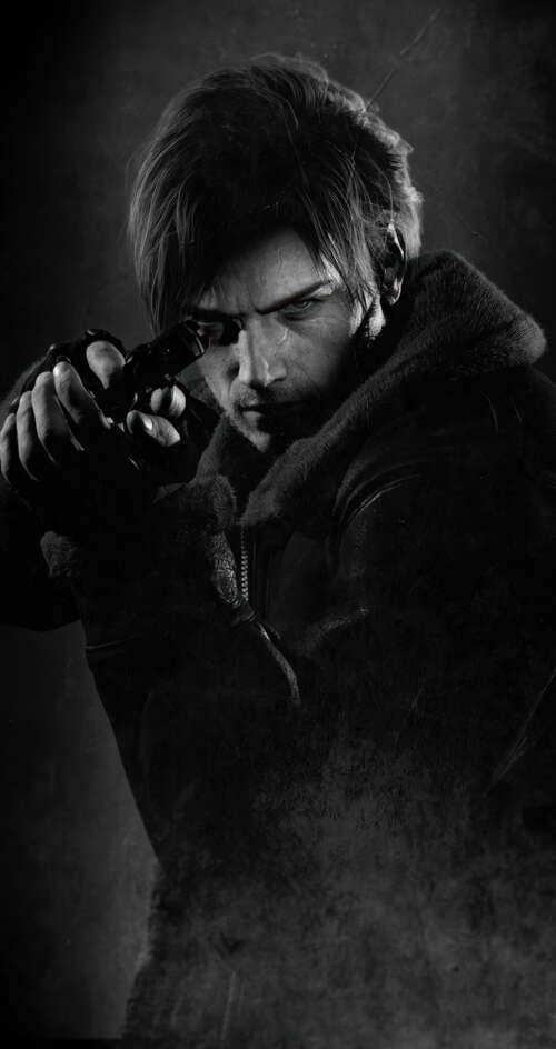 A cinematic portrait of Leon S. Kennedy from Resident Evil against a dark, moody... Sharp Aquos C10 hand phone wallpaper