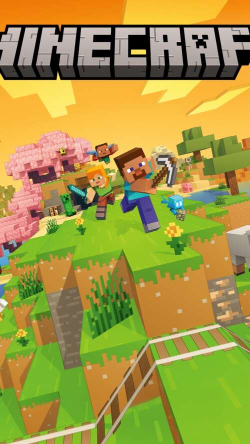 Cinematic 5K key art for Minecraft Deluxe Edition featuring Steve in a detailed blocky... lava Play Max hand phone wallpaper