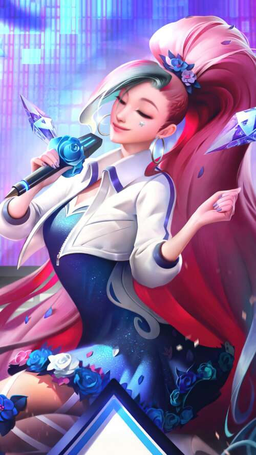 Seraphine from League of Legends K/DA performing in a K-pop inspired style Apple iPhone SE 2020 hd background