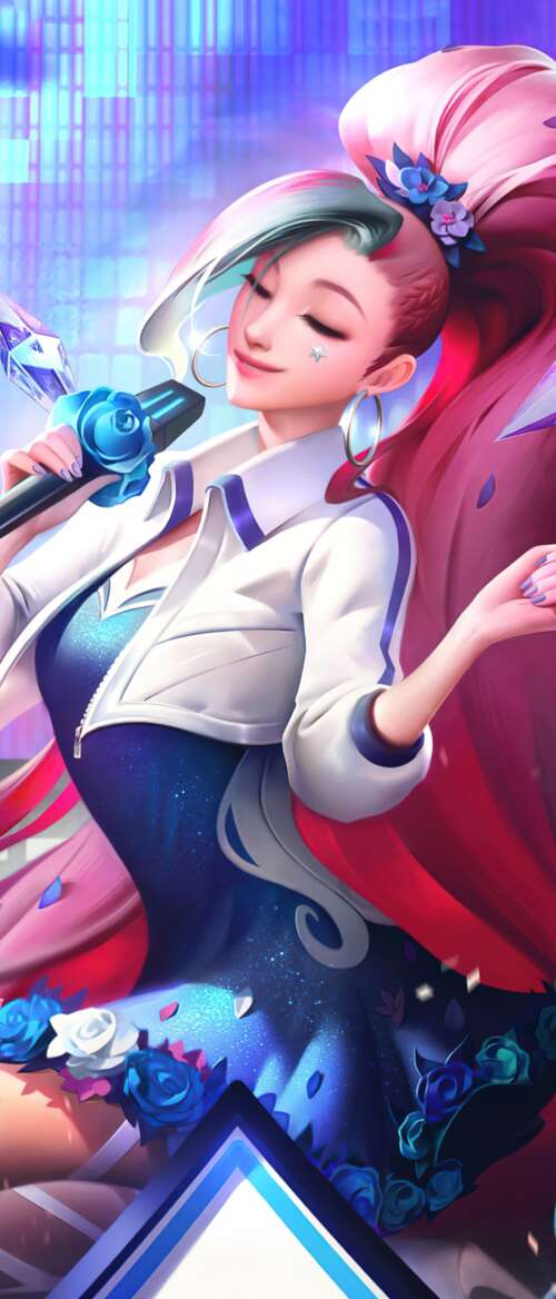 Seraphine from League of Legends K/DA performing in a K-pop inspired style Samsung Galaxy Z Flip7 mobile wallpaper