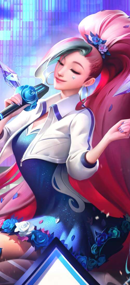 Seraphine from League of Legends K/DA performing in a K-pop inspired style realme neo7 Turbo hand phone wallpaper