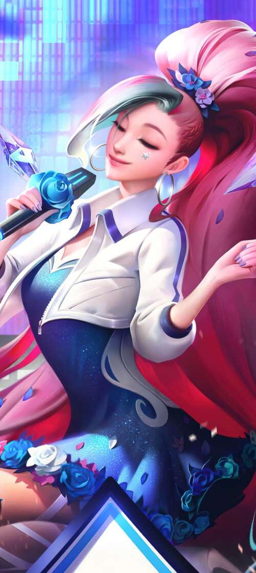 Seraphine from League of Legends K/DA performing in a K-pop inspired style lava Shark background images hd