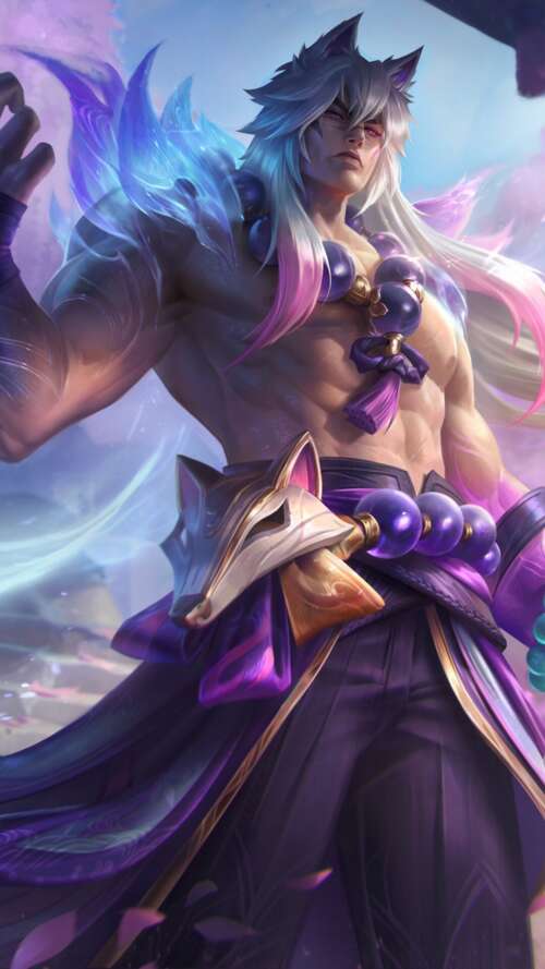 Sett from League of Legends featured in the Spirit Blossom theme, surrounded by ethereal... Apple iPhone SE 2020 free wallpaper