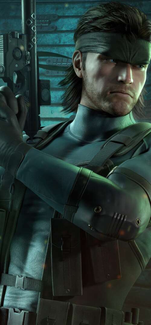 A high-detail, cinematic close-up of Solid Snake from Metal Gear Solid wearing advanced... Samsung Galaxy S26 Ultra hand phone wallpaper