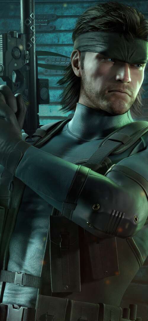 A high-detail, cinematic close-up of Solid Snake from Metal Gear Solid wearing advanced... Apple iPhone 16e background images hd