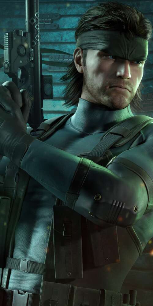 A high-detail, cinematic close-up of Solid Snake from Metal Gear Solid wearing advanced... Doogee Fire 3 Max download free wallpaper for phone