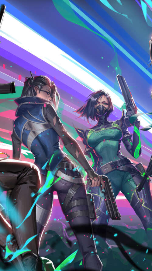 A group portrait of Valorant characters Viper, Sage, Jett, Killjoy, and Fade. Apple iPhone SE 2020 wallpapers for android
