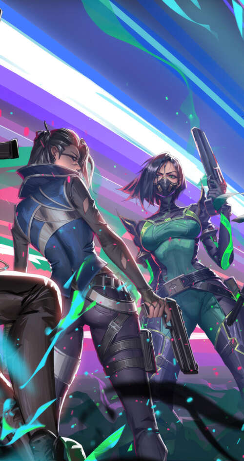 A group portrait of Valorant characters Viper, Sage, Jett, Killjoy, and Fade. Sharp Aquos C10 hd background