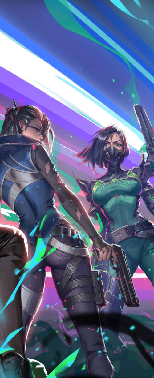 A group portrait of Valorant characters Viper, Sage, Jett, Killjoy, and Fade. Meizu Note 16 wallpaper photo gallery download