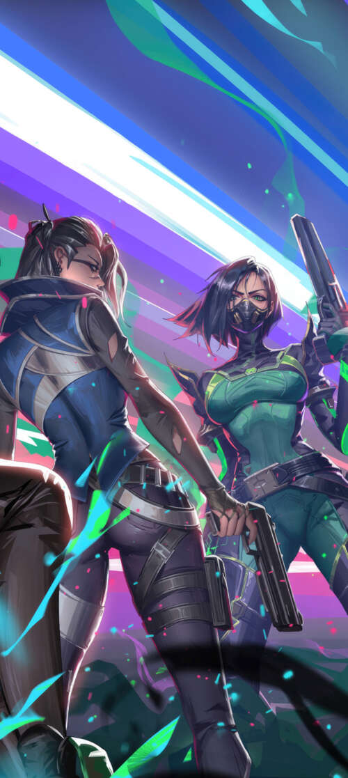 A group portrait of Valorant characters Viper, Sage, Jett, Killjoy, and Fade. Doogee Fire 7 download free phone wallpaper