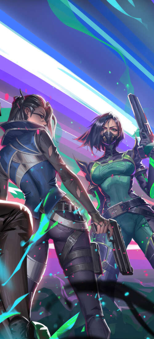 A group portrait of Valorant characters Viper, Sage, Jett, Killjoy, and Fade. Honor Magic V6 download free phone wallpaper