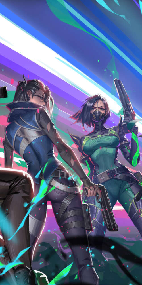 A group portrait of Valorant characters Viper, Sage, Jett, Killjoy, and Fade. Doogee Fire 3 pictures for wallpaper