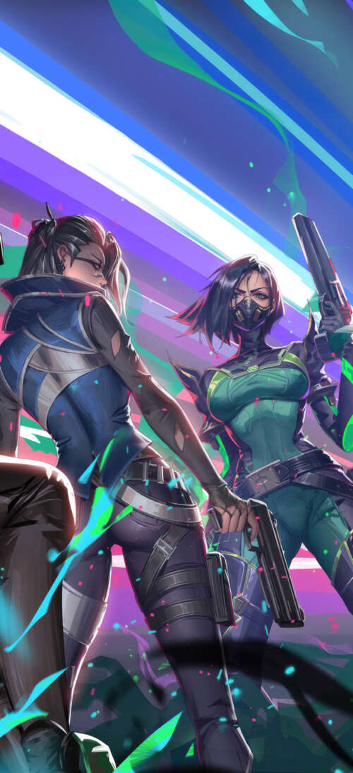 A group portrait of Valorant characters Viper, Sage, Jett, Killjoy, and Fade. realme neo7 Turbo wallpaper download