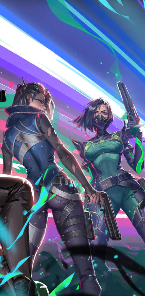 A group portrait of Valorant characters Viper, Sage, Jett, Killjoy, and Fade. Huawei Mate 30 Pro hd background