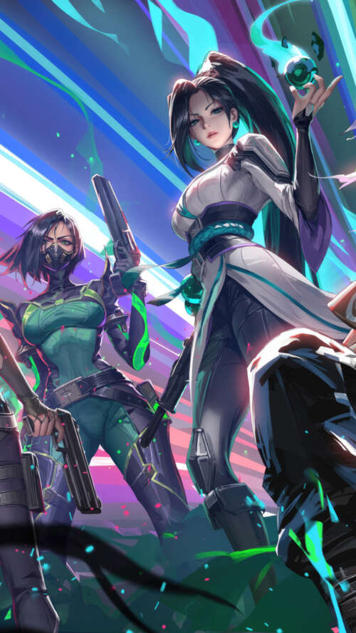 A group of female characters Viper, Sage, Jett, Killjoy, and Fade from the game Valorant. Apple iPhone SE 2020 cell phone backgrounds free