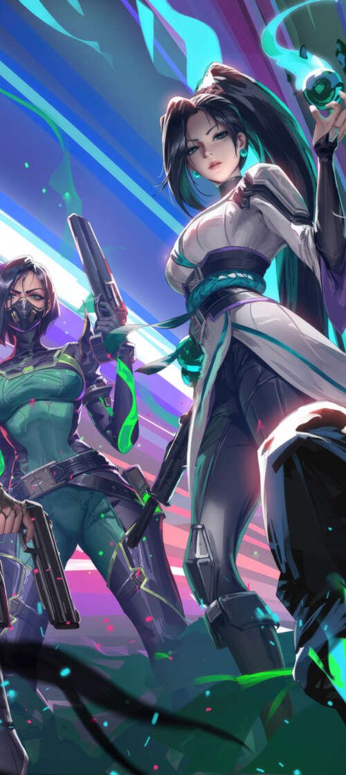 A group of female characters Viper, Sage, Jett, Killjoy, and Fade from the game Valorant. Doogee Fire 7 lock screen wallpaper