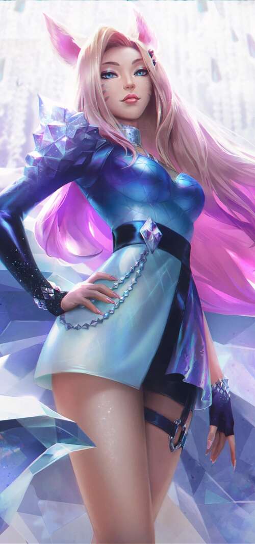 A detailed portrait of Ahri from League of Legends in her K/DA outfit.
