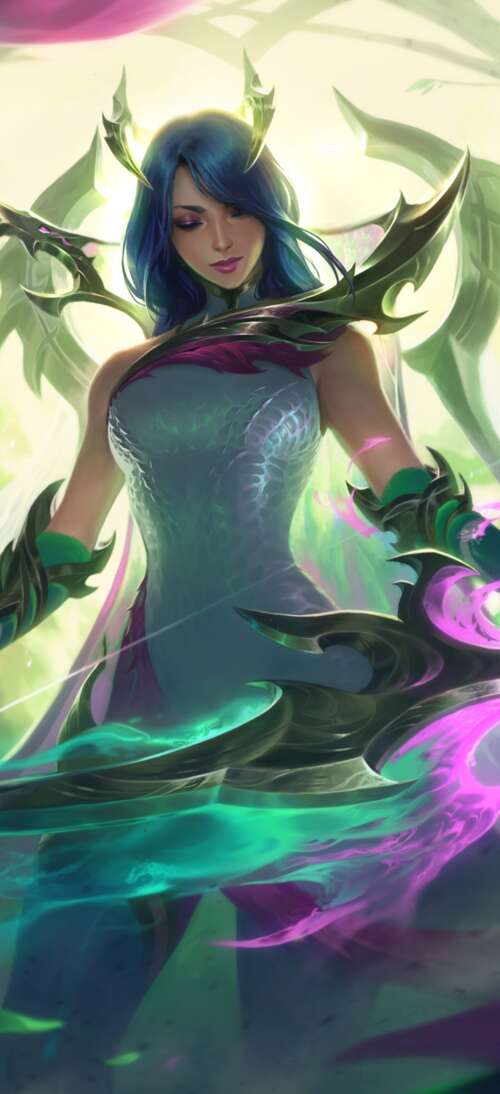A highly detailed, close-up portrait of Ashe from League of Legends featuring icy... Oppo A6 Max pictures for wallpaper
