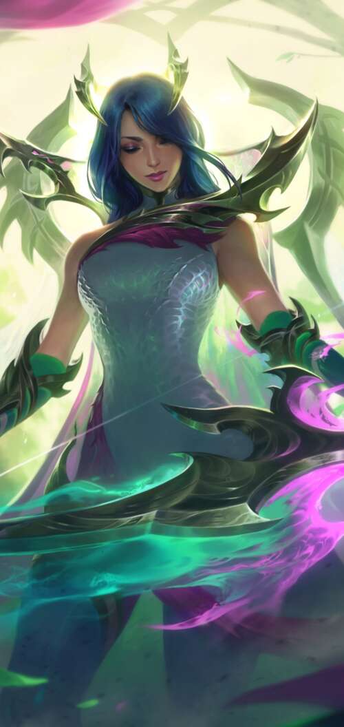 A highly detailed, close-up portrait of Ashe from League of Legends featuring icy... Oppo A6s hand phone wallpaper