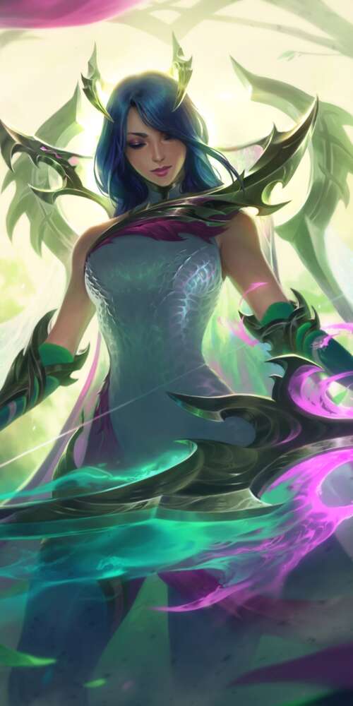 A highly detailed, close-up portrait of Ashe from League of Legends featuring icy... Doogee Fire 3 Max download free phone wallpaper