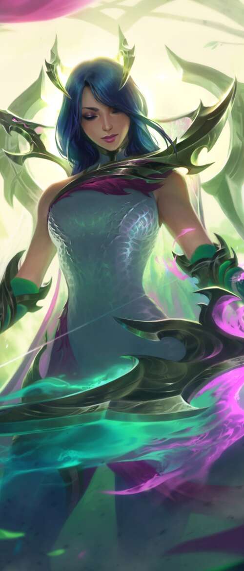 A highly detailed, close-up portrait of Ashe from League of Legends featuring icy... Motorola Razr Fold high definition wallpaper