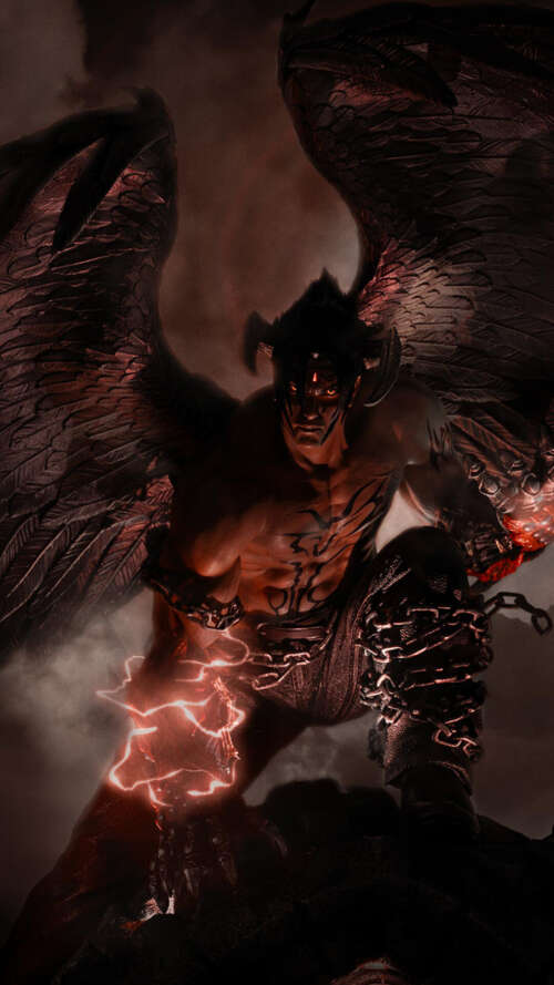 Abstract dark artwork featuring Devil Jin from Tekken 7. lava Play Max mobile wallpaper
