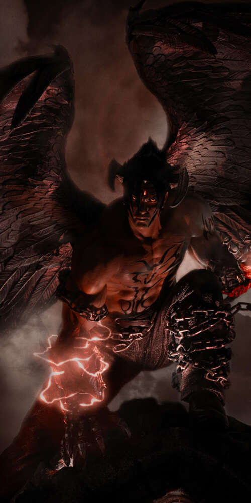 Abstract dark artwork featuring Devil Jin from Tekken 7. Doogee Fire 3 Max download free wallpaper for phone