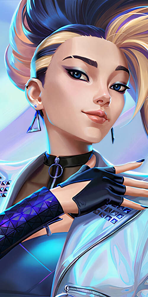 Akali from League of Legends in her signature K/DA K-pop outfit with neon accents.