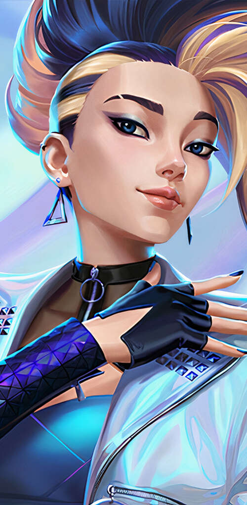 Akali from League of Legends in her signature K/DA K-pop outfit with neon accents.