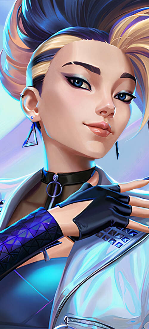 Akali from League of Legends in her signature K/DA K-pop outfit with neon accents.