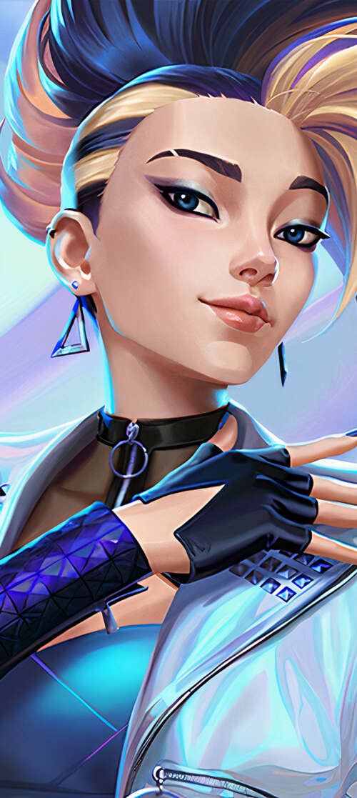 Akali from League of Legends in her signature K/DA K-pop outfit with neon accents.