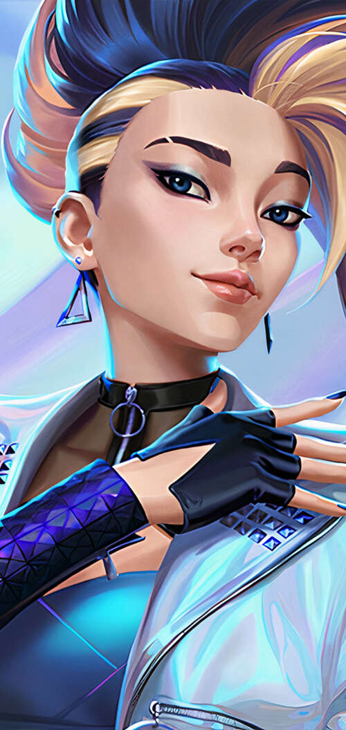 Akali from League of Legends in her signature K/DA K-pop outfit with neon accents.