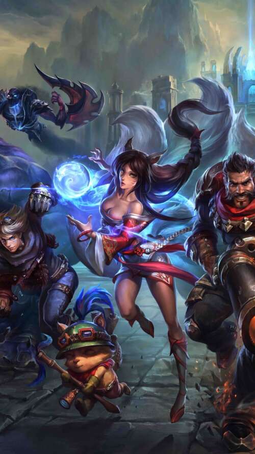 A high-quality game art illustration featuring League of Legends characters Ahri,... lava Play Max download free wallpaper for phone