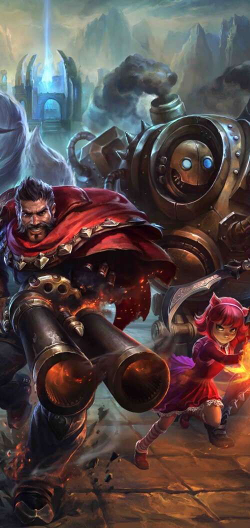 A collection of League of Legends characters including Ahri, Ezreal, Teemo, Annie,... Oppo A6s download free phone wallpaper