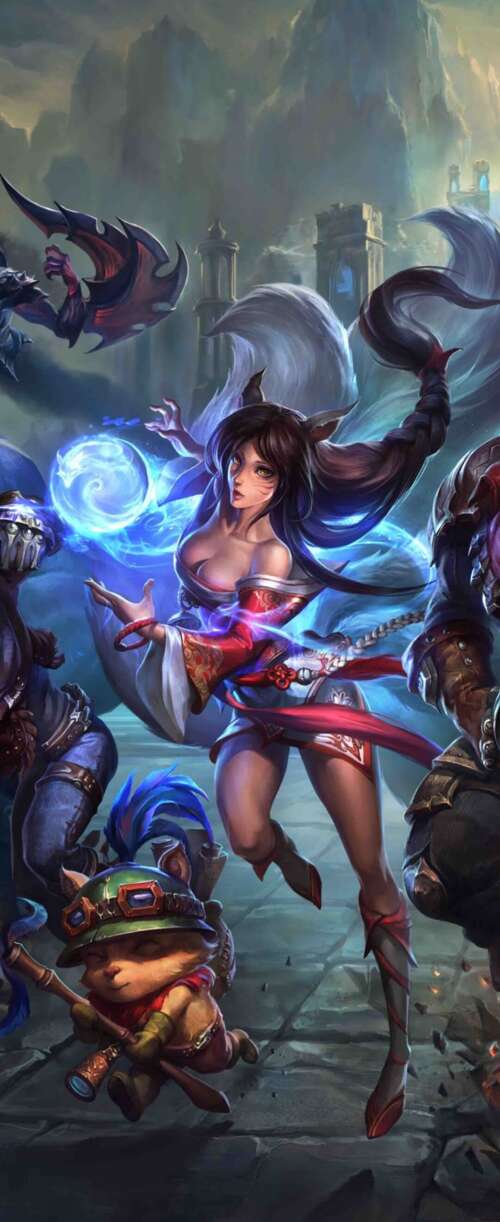 A high-quality game art illustration featuring League of Legends characters Ahri,... Meizu Note 16 download free wallpaper for phone