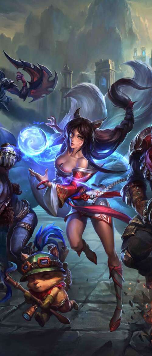 A high-quality game art illustration featuring League of Legends characters Ahri,... Samsung Galaxy Z Flip7 download free wallpaper for phone