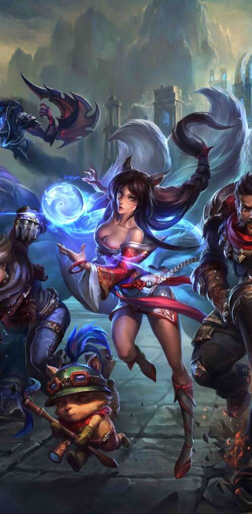 A high-quality game art illustration featuring League of Legends characters Ahri,... Huawei Mate 30 Pro download free wallpaper for phone