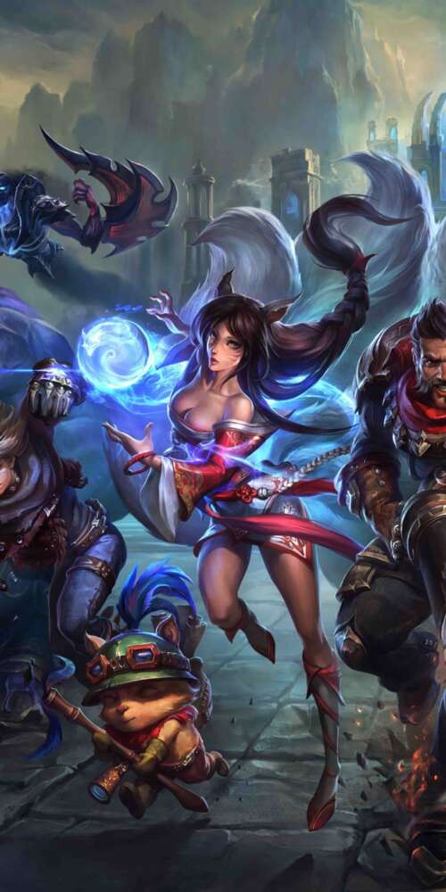 A high-quality game art illustration featuring League of Legends characters Ahri,... Doogee Fire 3 Max download free wallpaper for phone