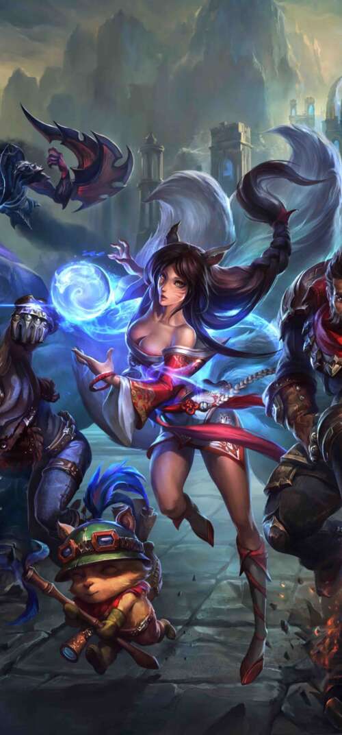 A high-quality game art illustration featuring League of Legends characters Ahri,... Samsung Galaxy S26 Ultra download free wallpaper for phone