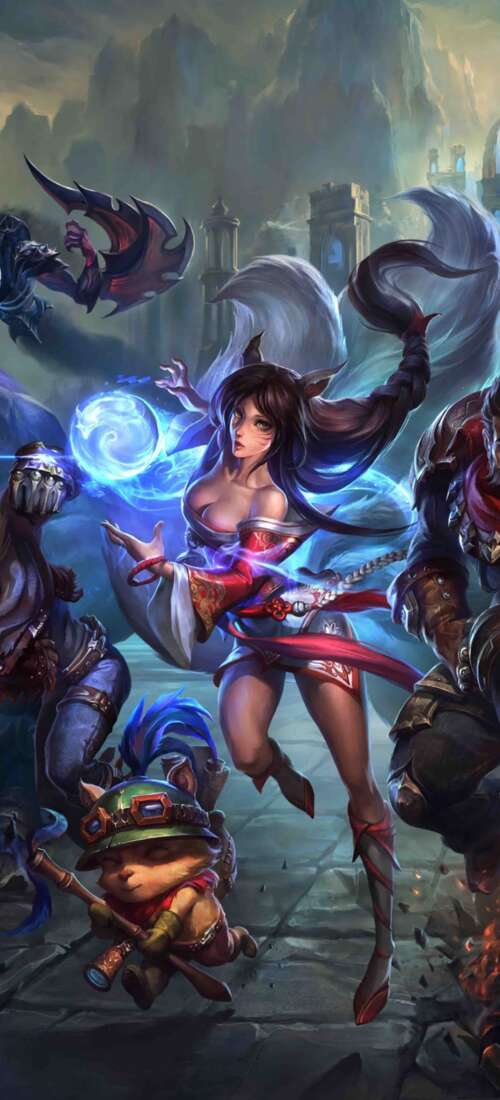 A high-quality game art illustration featuring League of Legends characters Ahri,... Honor Magic V6 download free wallpaper for phone