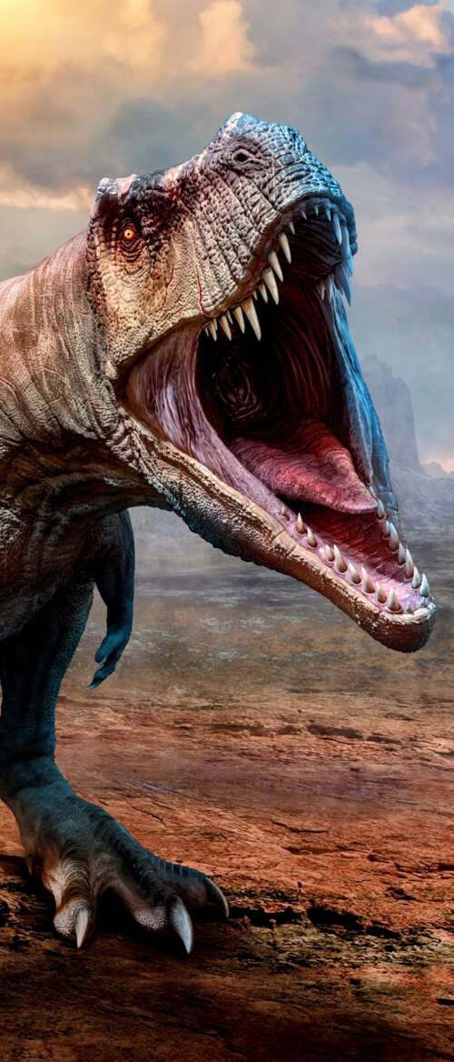 A highly detailed, close-up view of a Tyrannosaurus Rex featuring realistic reptilian... Samsung Galaxy Z Flip7 lock screen wallpaper