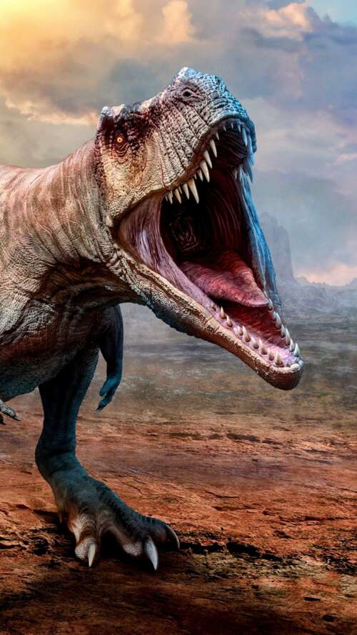 A highly detailed, close-up view of a Tyrannosaurus Rex featuring realistic reptilian... lava Play Max lock screen wallpaper