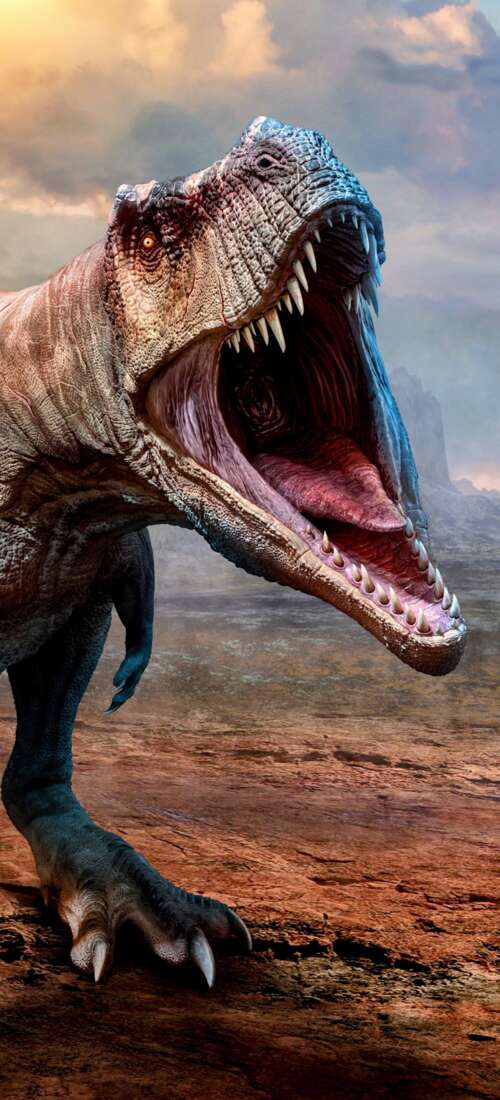 A highly detailed, close-up view of a Tyrannosaurus Rex featuring realistic reptilian... Honor Magic V6 lock screen wallpaper